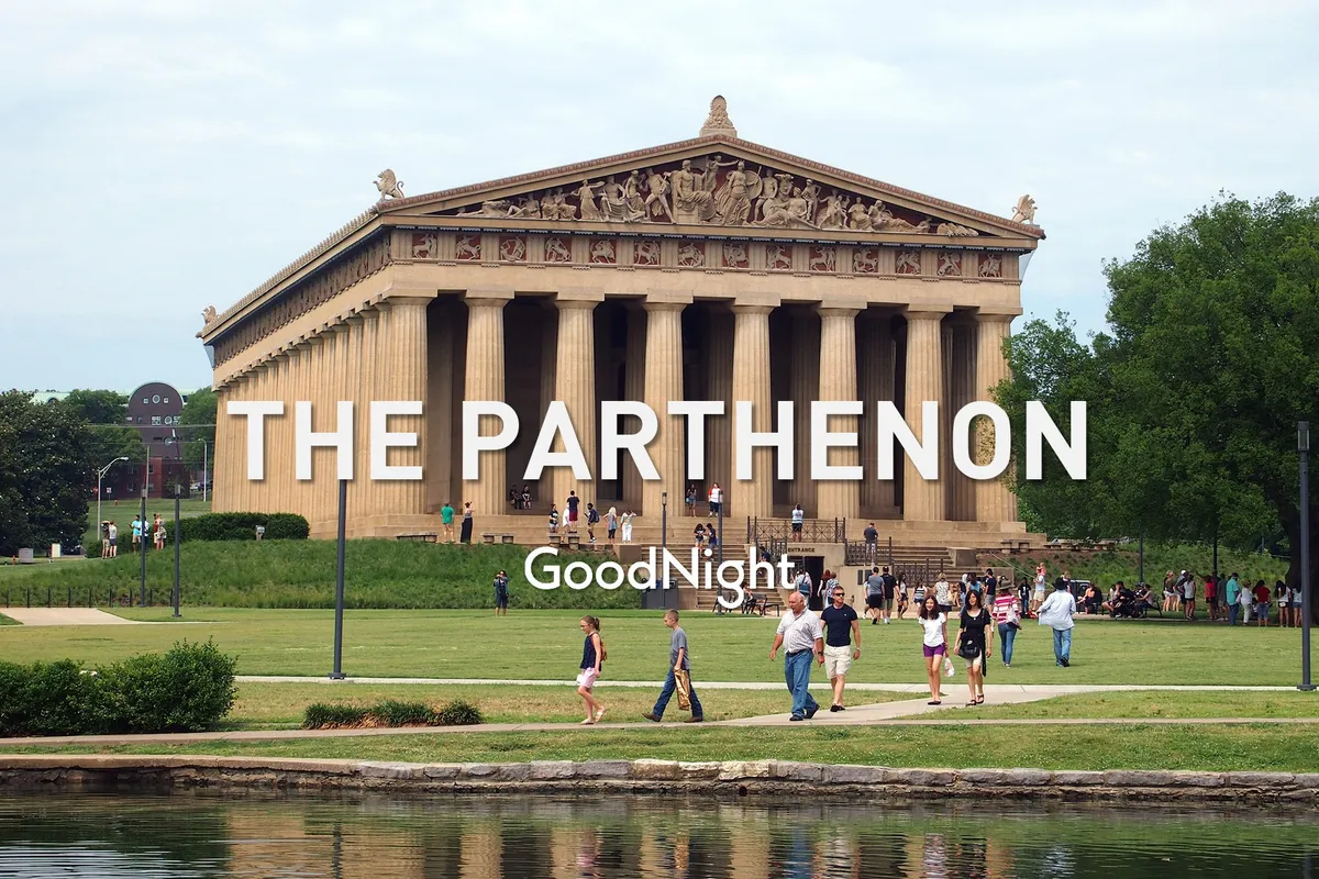 Visitors stroll across green lawns in front of the iconic Parthenon replica in Centennial Park, framed by reflective water and lush landscape. The scene is lively and relaxed, evoking the open spaces and historic charm of this beloved Nashville landmark.